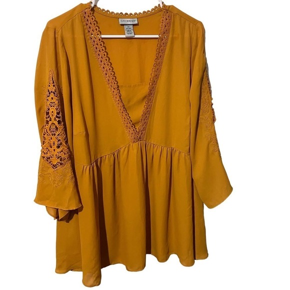 CATHRINES Embroidered Crochet V Neck Flowy Top in Mustard Yellow - Picture 1 of 8